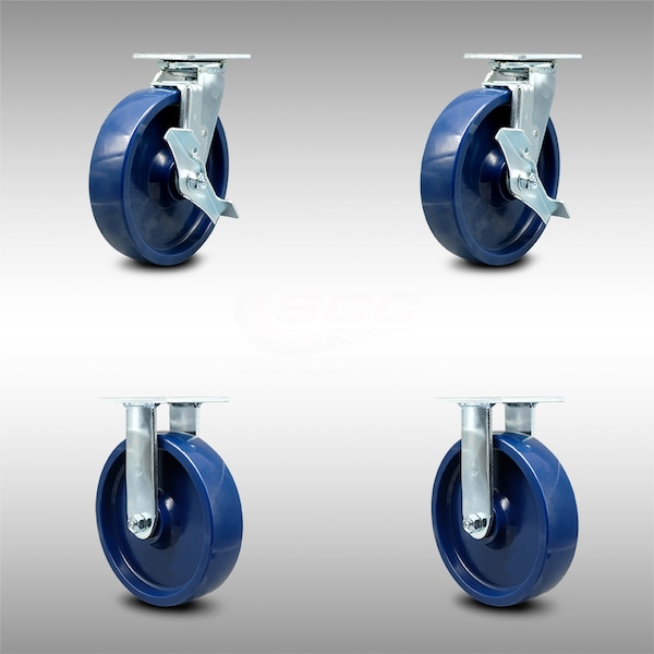 8 Inch SS Solid Poly Caster Set with Ball Bearings 2 Brakes 2 Rigid SCC